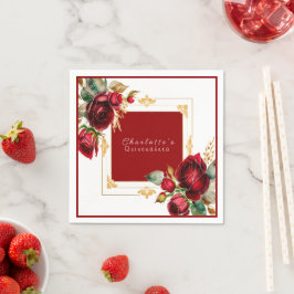 Beauful Red Roses Gold Filigree Quinceañera Servet