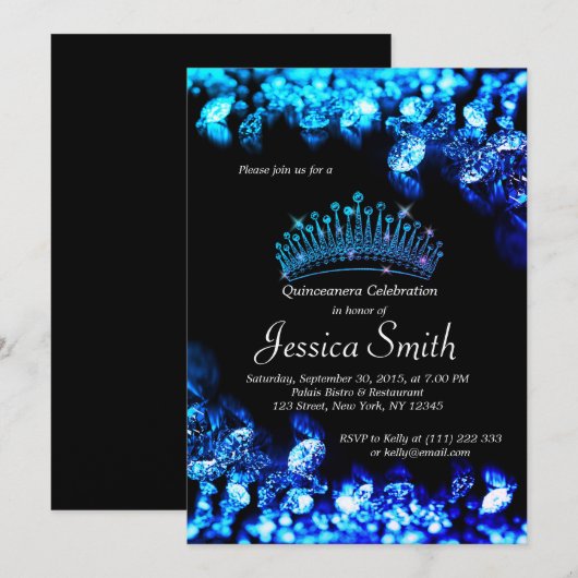 Beauful Royal Blue Diamond Quinceañera Invite Kaart (Voorkant / Achterkant)