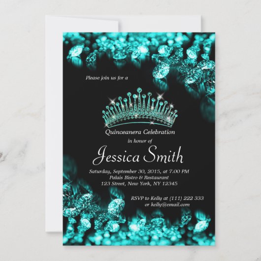Beauful Turquoise Diamond Quinceañera Invite Kaart (Voorkant)