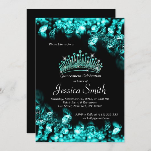 Beauful Turquoise Diamond Quinceañera Invite Kaart (Voorkant / Achterkant)