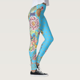 Beauful Turquoise Floral Butterfly Chinoiserie Leggings