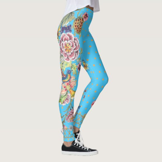 Beauful Turquoise Floral Butterfly Chinoiserie Leggings (Rechts)