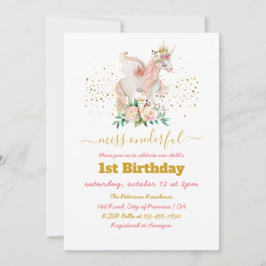 Beauful Unicorn 1st Birthday Uitnodiging (Voorkant)