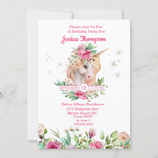 Beauful Unicorn Stars Birthday Uitnodiging