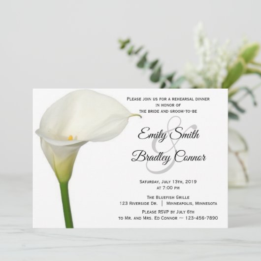 Beauful White Calla Lily Floral Rehearsal Dinner Kaart (Staand voorkant)