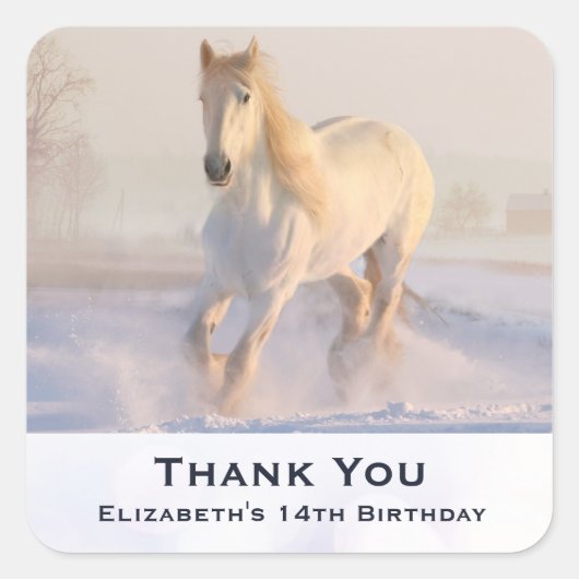 Beauful White Horse Galloping in Winter Birthday Vierkante Sticker (Voorkant)