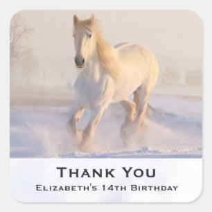 Beauful White Horse Galloping in Winter Birthday Vierkante Sticker
