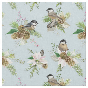 Beauful Winter Bird en Flowers Stof