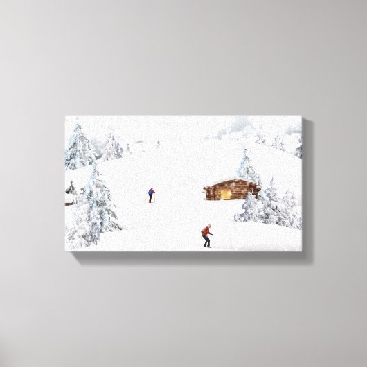 Beauful Winter Scene Cabin Skiers Canvas Afdruk (Voorkant)