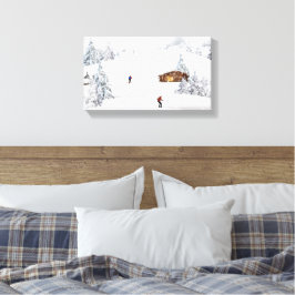 Beauful Winter Scene Cabin Skiers Canvas Afdruk
