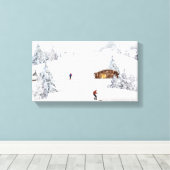 Beauful Winter Scene Cabin Skiers Canvas Afdruk (Insitu (Houten vloer))