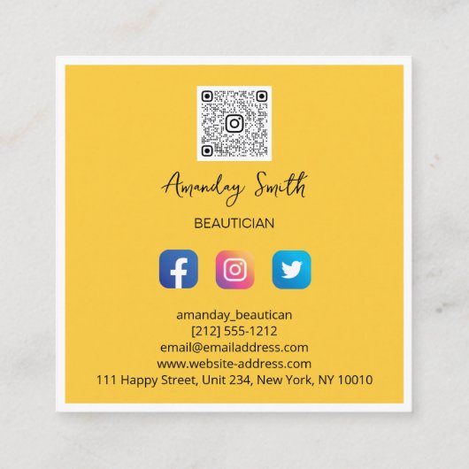 Beauticiaanse QR-code Logo omwoeld geel zwart wit Vierkante Visitekaartje (Achterkant)
