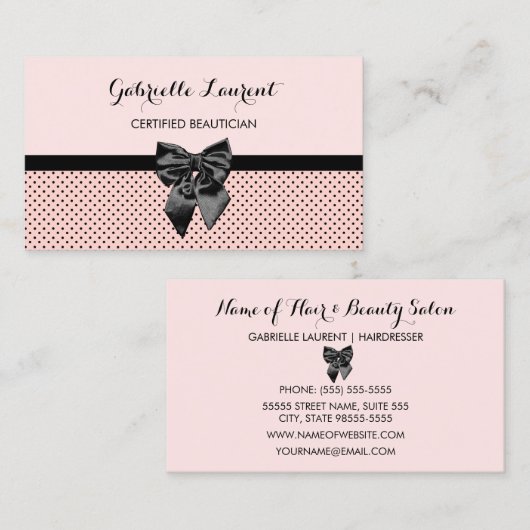 Beautician Chic Parijse roze Polka Dots Black Bow Visitekaartje (Voorkant / Achterkant)