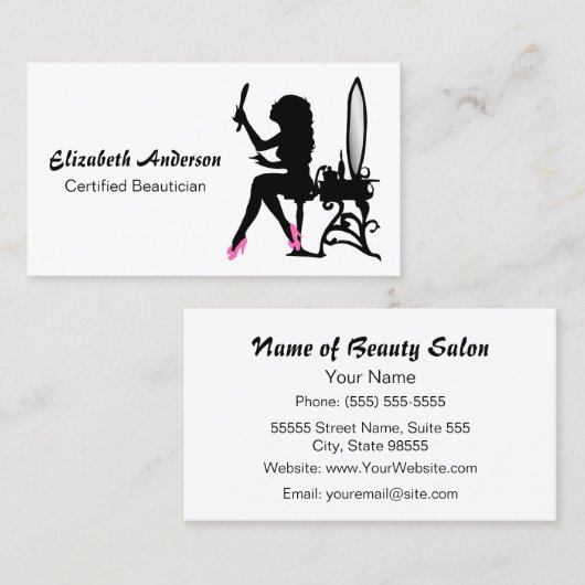 Beautician Pink and Black Girly Hair Stylist Visitekaartje (Voorkant / Achterkant)