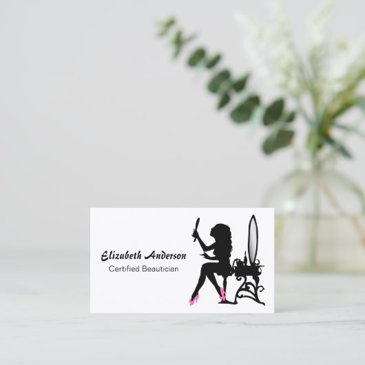 Beautician Pink and Black Girly Hair Stylist Visitekaartje (Staand voorkant)