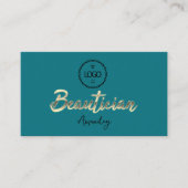 Beautician Script Gold QRCode Logo Blauwgroen Visitekaartje (Voorkant)