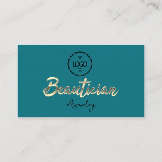 Beautician Script Gold QRCode Logo Blauwgroen Visitekaartje (Voorkant)