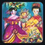 BEAUTIEF ANTIEK DOLLEN VIERKANTE STICKER<br><div class="desc">Kleurrijke en griezelige poppen met kerstversieringen,  schilderij van de Waterverf door Bulgan Lumini (c).</div>