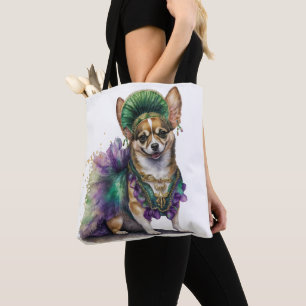 BEAUTIEF PAARS GROEN GOLD MARDI GRAS PUPPY DOG TOTE BAG