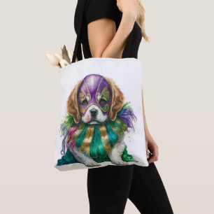BEAUTIEF PAARS GROEN GOLD MARDI GRAS PUPPY DOG TOTE BAG