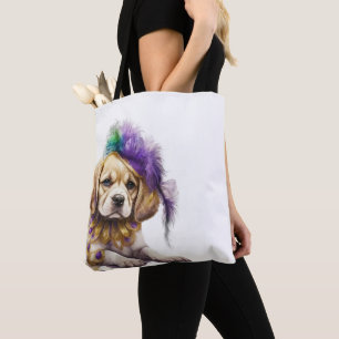 BEAUTIEF PAARS GROEN GOLD MARDI GRAS PUPPY DOG TOTE BAG