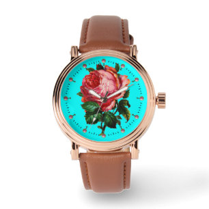 BEAUTIEF PINK ROSE MET GEMSTONES Aqua Blue, Blauwg Horloge