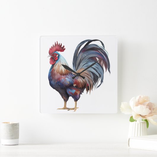 BEAUTIEF WATERVERF COLORFUL ROOSTER VIERKANTE KLOK (Huis)