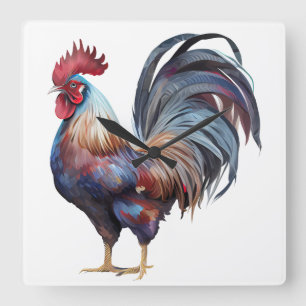 BEAUTIEF WATERVERF COLORFUL ROOSTER VIERKANTE KLOK