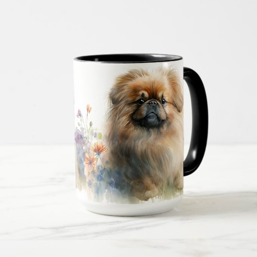 BEAUTIEF WATERVERF PEKINGESE DOG & FLOWERS MOK (Voorkant rechts)