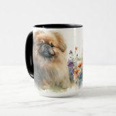 BEAUTIEF WATERVERF PEKINGESE DOG & FLOWERS MOK (Voorkant links)
