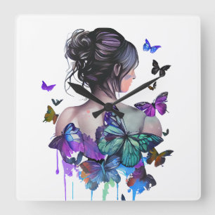 BEAUTIEF WATERVERF VROUW MET BUTTERFLIES VIERKANTE KLOK