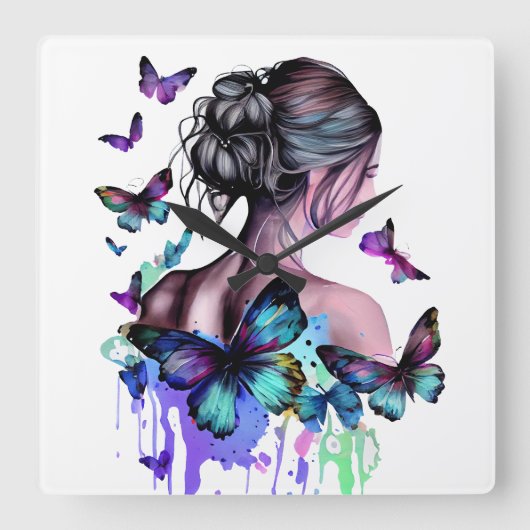 BEAUTIEF WATERVERF VROUW MET BUTTERFLIES VIERKANTE KLOK (Voorkant)