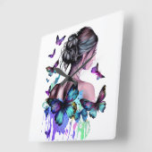 BEAUTIEF WATERVERF VROUW MET BUTTERFLIES VIERKANTE KLOK (Hoek)