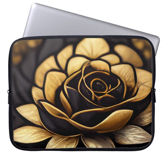 BEAUTIEF ZWARTE EN GOUDE ROZEN LAPTOP SLEEVE (Voorkant)
