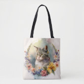 BEAUTIFUELE WATERVERF GRAY TABBY CAT FLOWERS TOTE BAG (Voorkant)