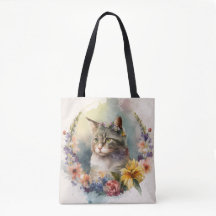 BEAUTIFUELE WATERVERF GRAY TABBY CAT FLOWERS