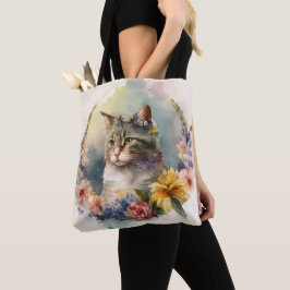 BEAUTIFUELE WATERVERF GRAY TABBY CAT FLOWERS TOTE BAG
