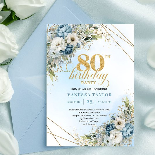 Beautiful 80th Birthday Invitation Gold Frame Blue Kaart