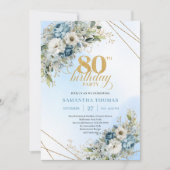 Beautiful 80th Birthday Invitation Gold Frame Blue Kaart (Voorkant)