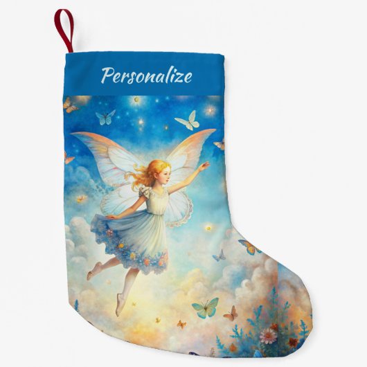 Beautiful Angel Flying in Clouds with Butterflies Kleine Kerstsok (Voorkant)