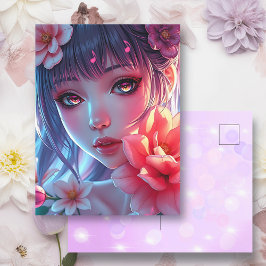 Beautiful Anime Girl Glitchcore Floral Briefkaart