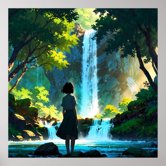 Beautiful Anime Waterfall Illustration Poster (Voorkant)