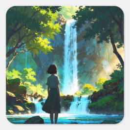 Beautiful Anime Waterfall Illustration Vierkante Sticker