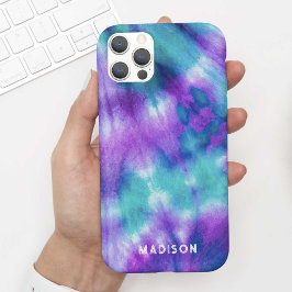 Beautiful Aqua Purple Tie Dye Watercolor + Name Case-Mate iPhone Case
