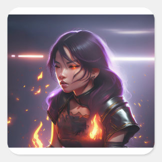 Beautiful Asian Girl Shoots Fire From Eyes Vierkante Sticker