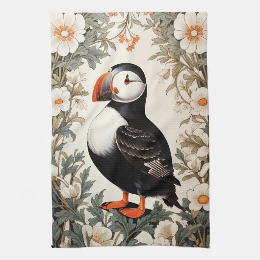 Beautiful Atlantic Puffin White Flowers Theedoek (Verticaal)