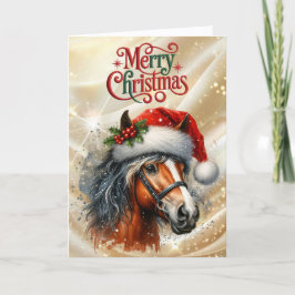 Beautiful Bay Horse in Santa Hat Feestdagen Kaart