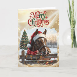 Beautiful Bay Horse with Red Ribbon Feestdagen Kaart