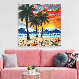 Beautiful Beach Scene with Palm Trees Canvas Afdruk