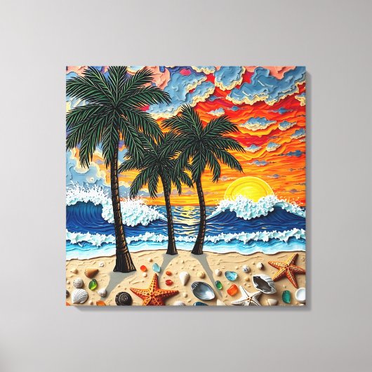 Beautiful Beach Scene with Palm Trees Canvas Afdruk (Voorkant)